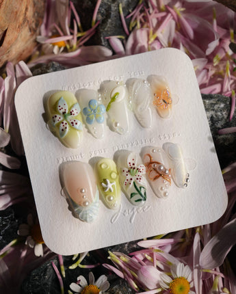 Spring wink nail art close-up showing Fresh Forest Style, 3D Lilies & Butterfly. details