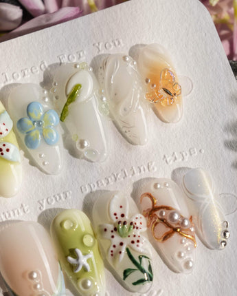 Spring wink press-on nails — Fresh Forest Style, 3D Lilies & Butterfly. handmade nail art by Joyee Nails