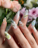 Spring wink press-on nails — Fresh Forest Style, 3D Lilies & Butterfly. handmade nail art by Joyee Nails