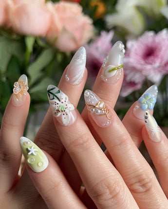 Spring wink press-on nails — Fresh Forest Style, 3D Lilies & Butterfly. handmade nail art by Joyee Nails