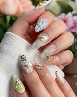 Spring wink press-on nail set — Fresh Forest Style, 3D Lilies & Butterfly. design, hand-painted with real gel polish