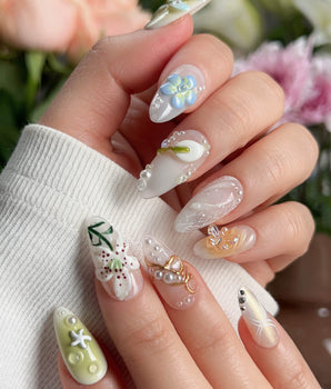 Spring wink press-on nail set — Fresh Forest Style, 3D Lilies & Butterfly. design, hand-painted with real gel polish