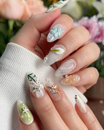 Spring wink press-on nail set — Fresh Forest Style, 3D Lilies & Butterfly. design, hand-painted with real gel polish