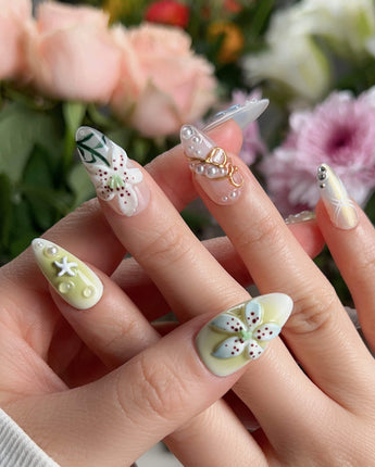 Spring wink press-on nails — Fresh Forest Style, 3D Lilies & Butterfly. handmade nail art by Joyee Nails