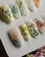 Spring wink handmade press-on nails featuring Fresh Forest Style, 3D Lilies & Butterfly.