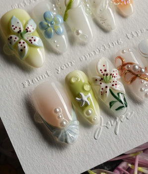 Spring wink handmade press-on nails featuring Fresh Forest Style, 3D Lilies & Butterfly.
