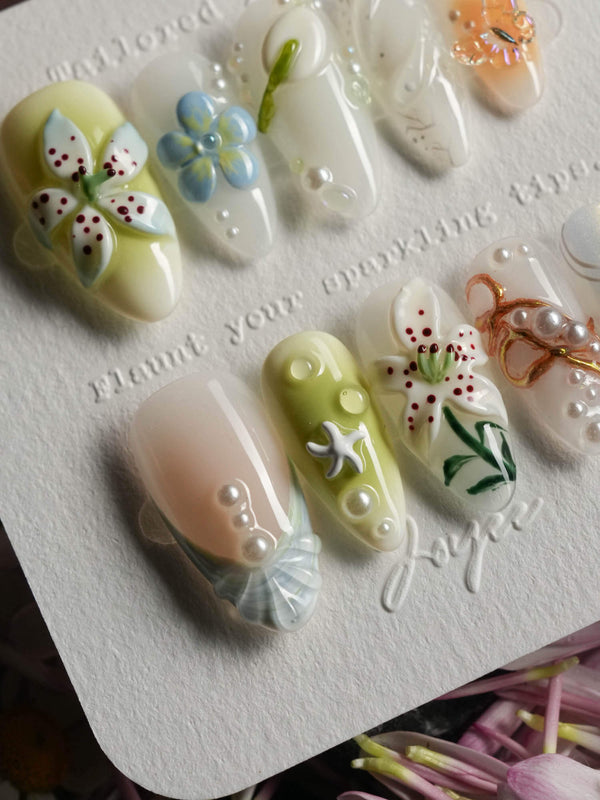 Spring wink handmade press-on nails featuring Fresh Forest Style, 3D Lilies & Butterfly.