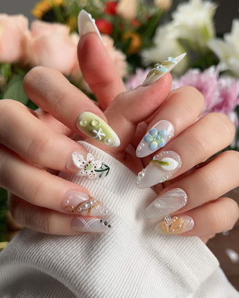 Spring wink press-on nails — Fresh Forest Style, 3D Lilies & Butterfly. handmade nail art by Joyee Nails