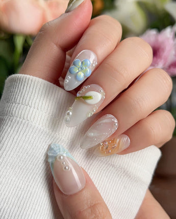 Spring wink press-on nails — Fresh Forest Style, 3D Lilies & Butterfly. handmade nail art by Joyee Nails