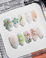 Spring wink press-on nails in extra short almond shape — Fresh Forest Style, 3D Lilies & Butterfly.