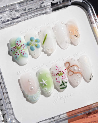 Spring wink press-on nails in extra short almond shape — Fresh Forest Style, 3D Lilies & Butterfly.