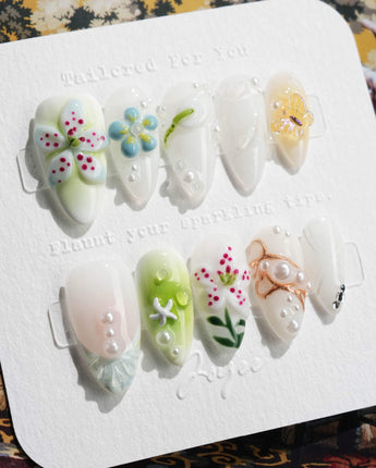 Spring wink press-on nails in short almond shape — Fresh Forest Style, 3D Lilies & Butterfly.