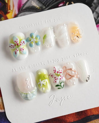 Spring wink press-on nails in short oval shape — Fresh Forest Style, 3D Lilies & Butterfly.