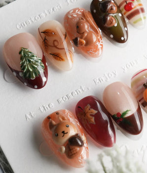 Squirrel Tales press-on nails — Autumn Forest Palette, 3D