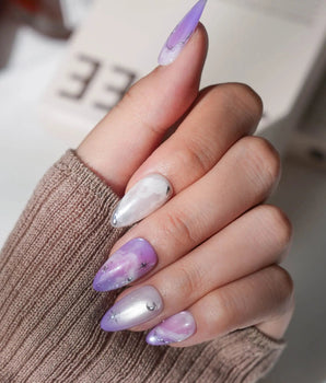 Stardust Short Almond galaxy press on nails with purple marble handmade nail art - image 2