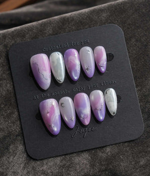 Stardust Short Almond galaxy press on nails with purple marble handmade nail art - image 1