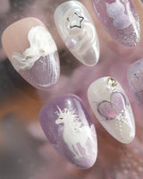 Stargaze extra short almond nails with lavender cat-eye shimmer, stars, hearts, and 3D cat accents