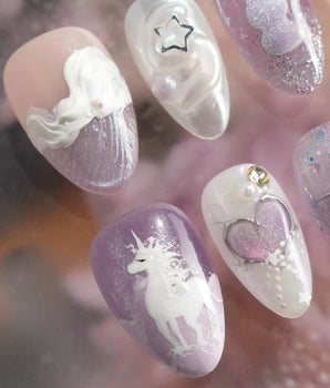 Stargaze handmade press-on nails featuring Lavender Cat-eye, 3D Heart & Cat.