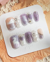 Stargaze glossy lavender nails with 3D heart, cat, and celestial wish details