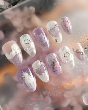 Stargaze close-up of lavender cat-eye gel, 3D hearts, stars, and whimsical cat details