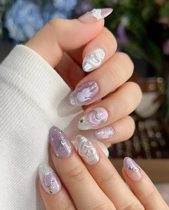 Stargaze dreamy pastel nails with a staircase motif, tiny wishes, and soft lavender glow