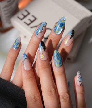 Starry Night S press-on nails in medium almond with Van Gogh blue and raised gold lines