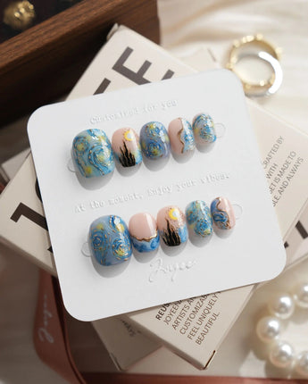 Starry Night Extra Short Squoval press on nails, handmade custom nails by Joyeenails