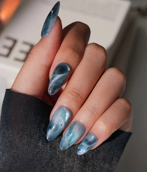 Storm Medium Almond blue cat eye press on nails with blue cat eye marble handmade nail art - image 2