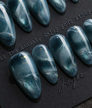 Storm Medium Almond blue cat eye press on nails with blue cat eye marble handmade nail art - image 1
