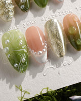 Streams - Journey Lines nail art close-up showing Fresh Herbal Green, French Pearls & Metallic Texture. details