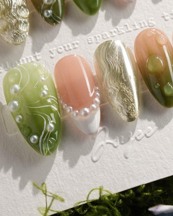 Streams - Journey Lines nail art close-up showing Fresh Herbal Green, French Pearls & Metallic Texture. details
