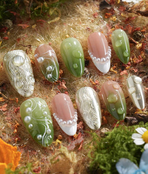 Streams - Journey Lines handmade press-on nails featuring Fresh Herbal Green, French Pearls & Metallic Texture.