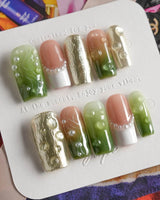Streams - Journey Lines press-on nails in medium square shape — Fresh Herbal Green, French Pearls & Metallic Texture.