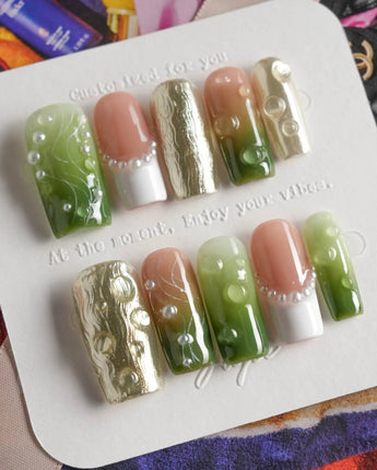 Streams - Journey Lines press-on nails in medium square shape — Fresh Herbal Green, French Pearls & Metallic Texture.