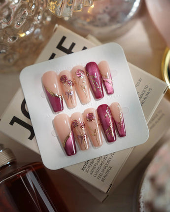 Sugar Thorn long coffin press-on nails with classic rose red and metallic 3D rose reliefs