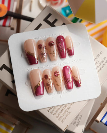 Sugar Thorn medium coffin press-on nails with floral gel details and soft fall accents