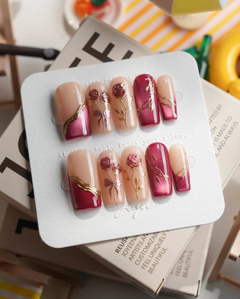 Sugar Thorn medium square press-on nails with floral gel details and soft fall accents