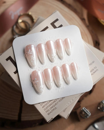 Sunday Light nails in medium almond — Translucent Aurora Pink Gradient,