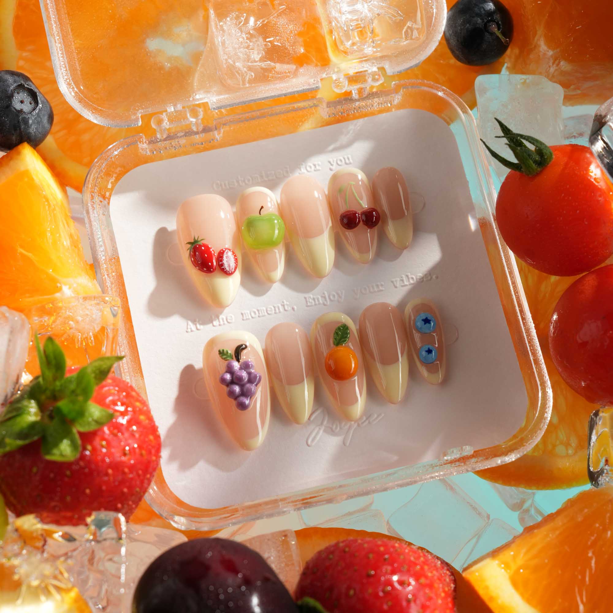 Mixed fruit press-on nails with grapes and cherries
