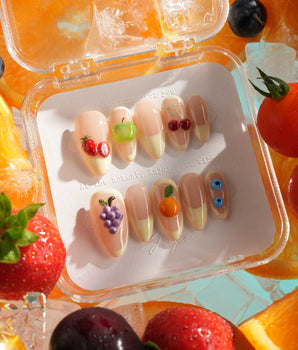 Sunny Mix handmade press-on nails featuring Nude & Creamy French, 3D Mixed Fruits.