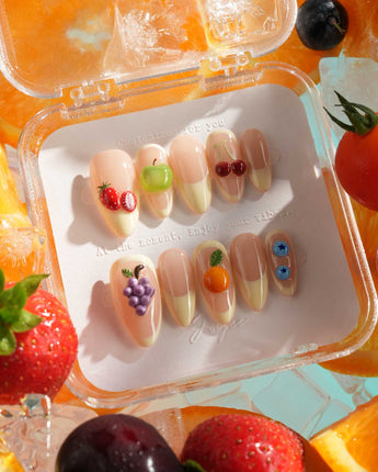 Sunny Mix handmade press-on nails featuring Nude & Creamy French, 3D Mixed Fruits.