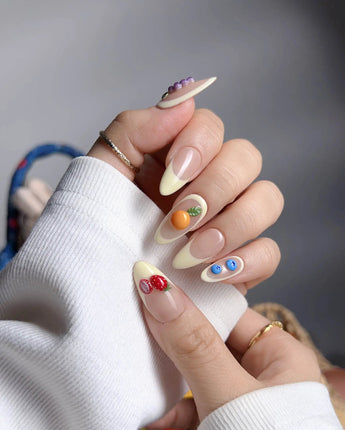 Sunny Mix summer nail set with pastel fruit charms and creamy French base