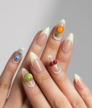 Sunny Mix nude French fruit nails with lemon yellow, peach and berry accents