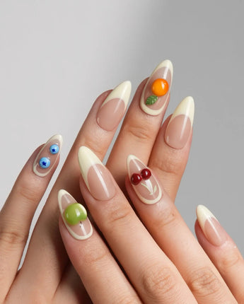Sunny Mix nude French fruit nails with lemon yellow, peach and berry accents