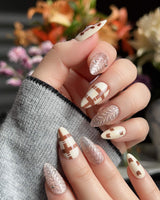 Sweater Weather press-on nail set — Soft Brown Tone, 3D Bears & Knit Texture. design, hand-painted with real gel polish