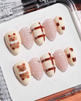 Sweater Weather press-on nails in extra short almond shape — Soft Brown Tone, 3D Bears & Knit Texture.