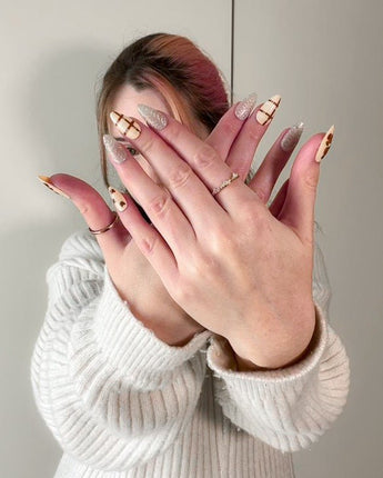 Sweater Weather press-on nails in short almond shape — Soft Brown Tone, 3D Bears & Knit Texture.