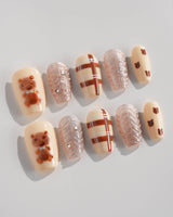 Sweater Weather press-on nails in short coffin shape — Soft Brown Tone, 3D Bears & Knit Texture.