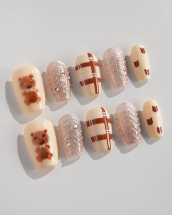 Sweater Weather press-on nails in short coffin shape — Soft Brown Tone, 3D Bears & Knit Texture.