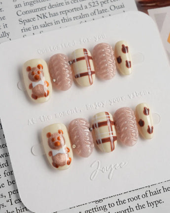 Sweater Weather press-on nails in short oval shape — Soft Brown Tone, 3D Bears & Knit Texture.